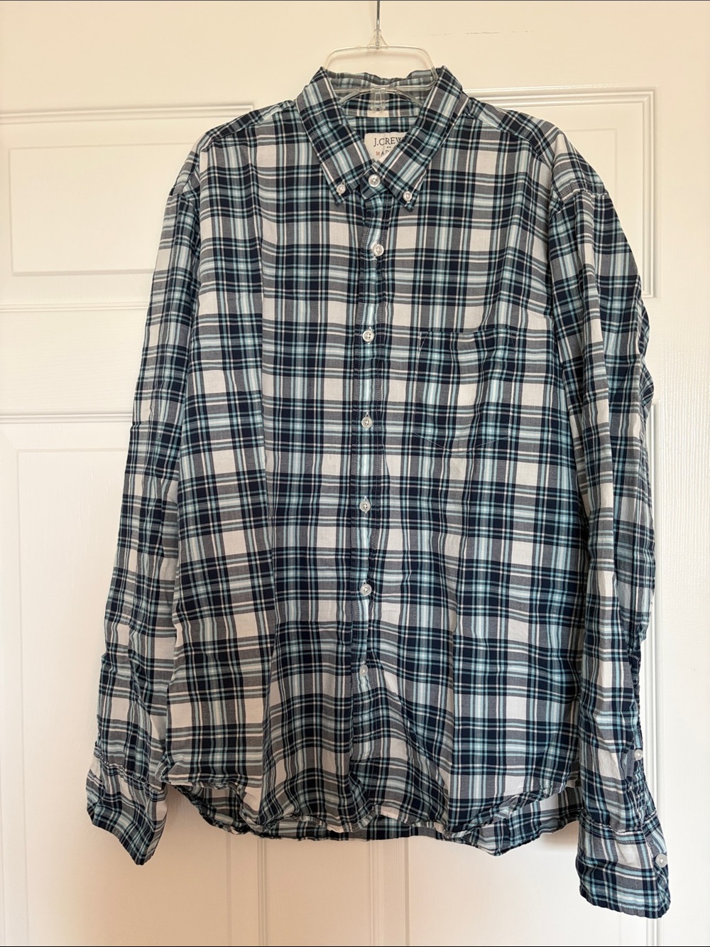 J. Crew Men's Blue and White Plaid Button-Down Shirt
